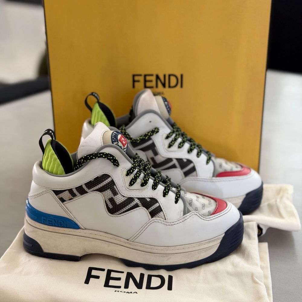 Fendi White Leather Sneakers with Neon Accents Size 37 EU